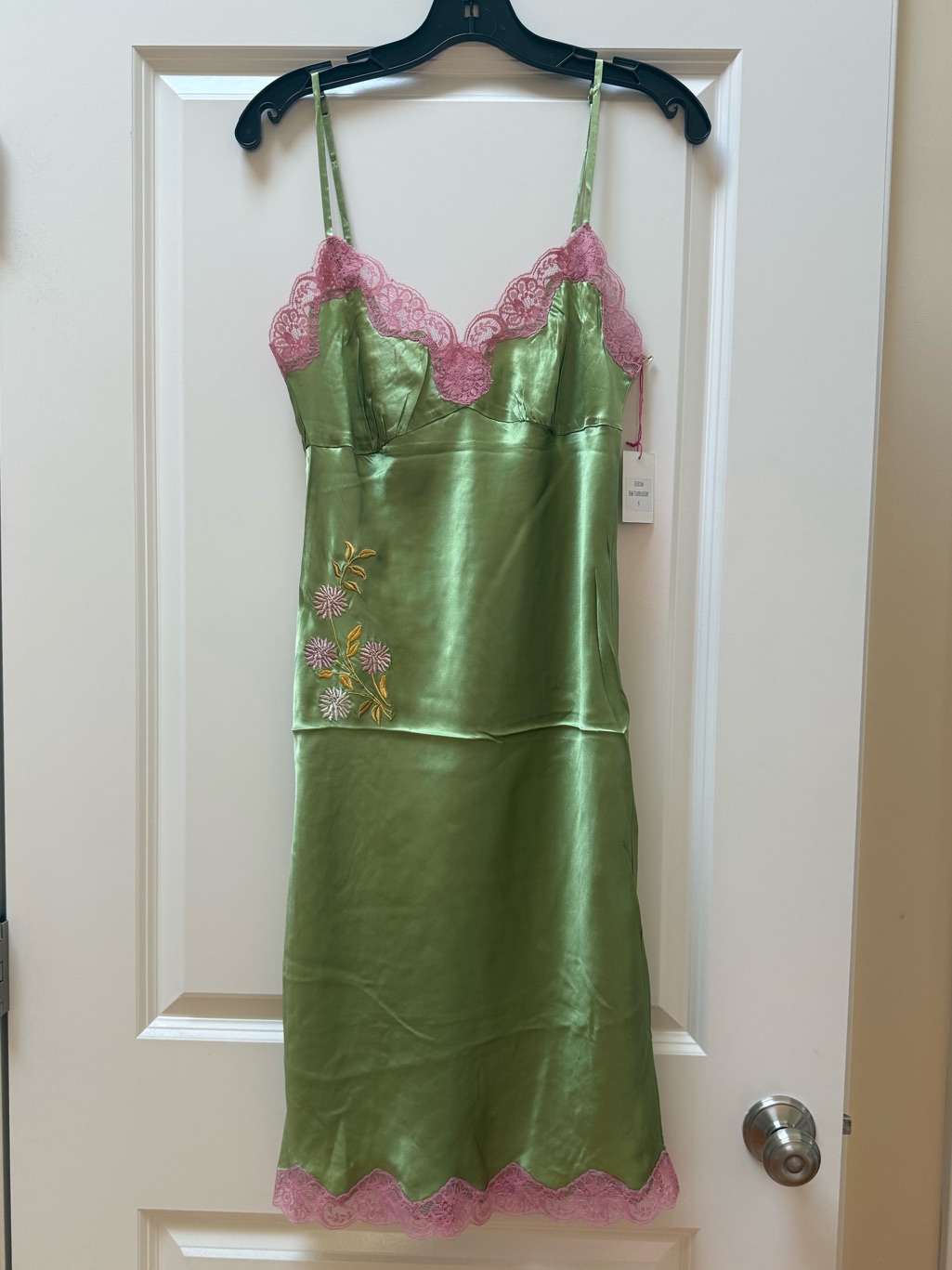 Gold Hawk 100% Silk Slip Dress Olive Green With Pink Lace & Floral Embroidery